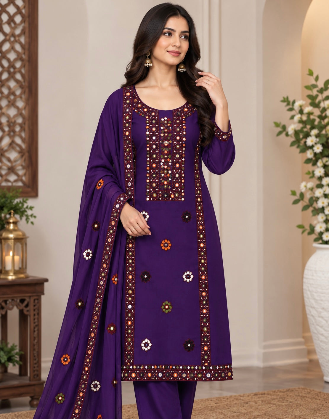 Balochi Multi Thick Thread & 9MM Sitara Heavy Embroidered Soft Cotton Shirt & Trouser with Chiffon Dupatta | 3PC Unstitched Dress 👗