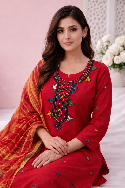 Handmade Balochi Gala Soft Cotton with Mirror Work Tie & Dye Chiffon Dupatta – 3PC Unstitch Dress 👗