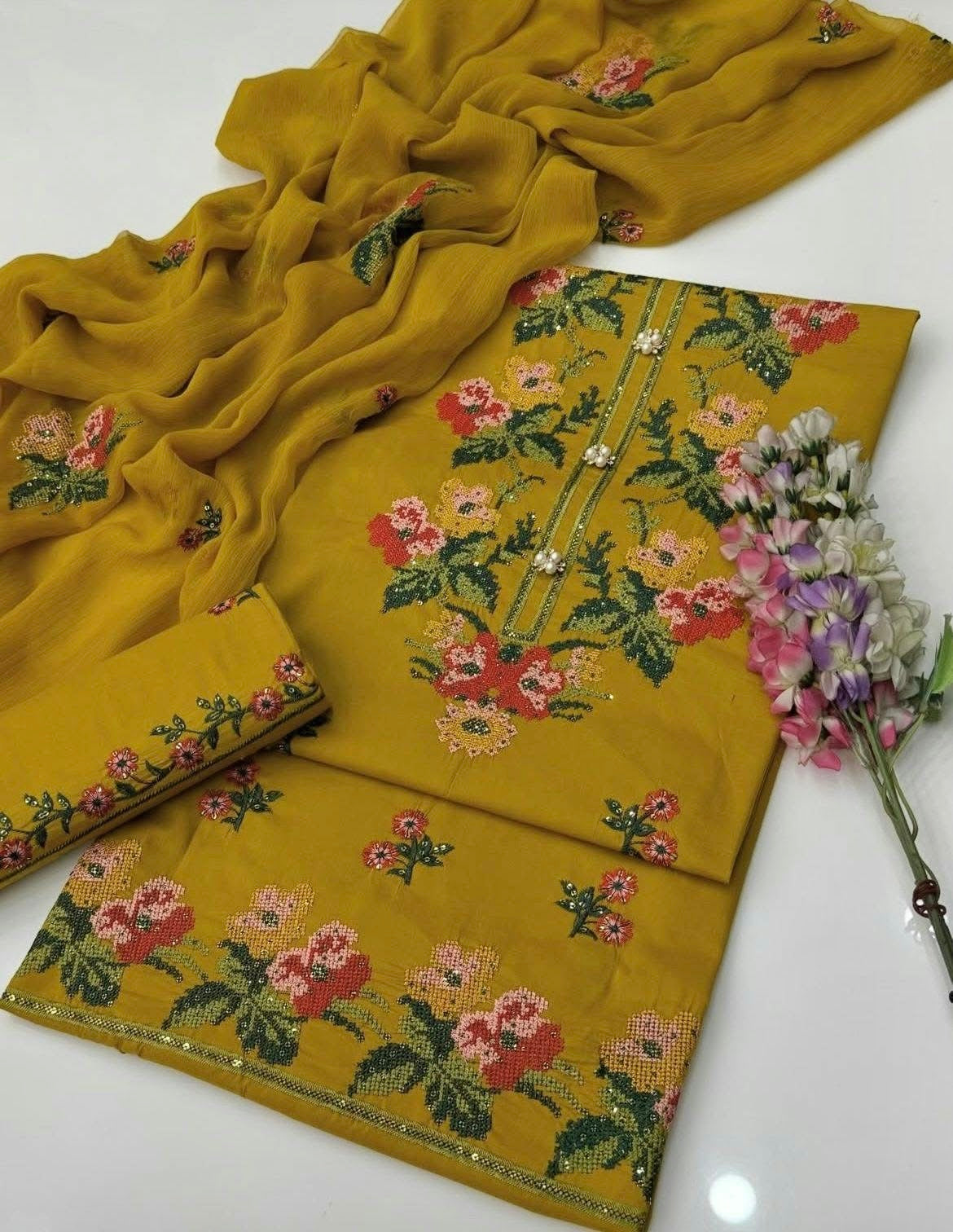Cross Stitch Sequence Sitara Multi Floral Embroidery Soft Cotton with Chiffon Dupatta - 3PC Unstitched Dress 👗