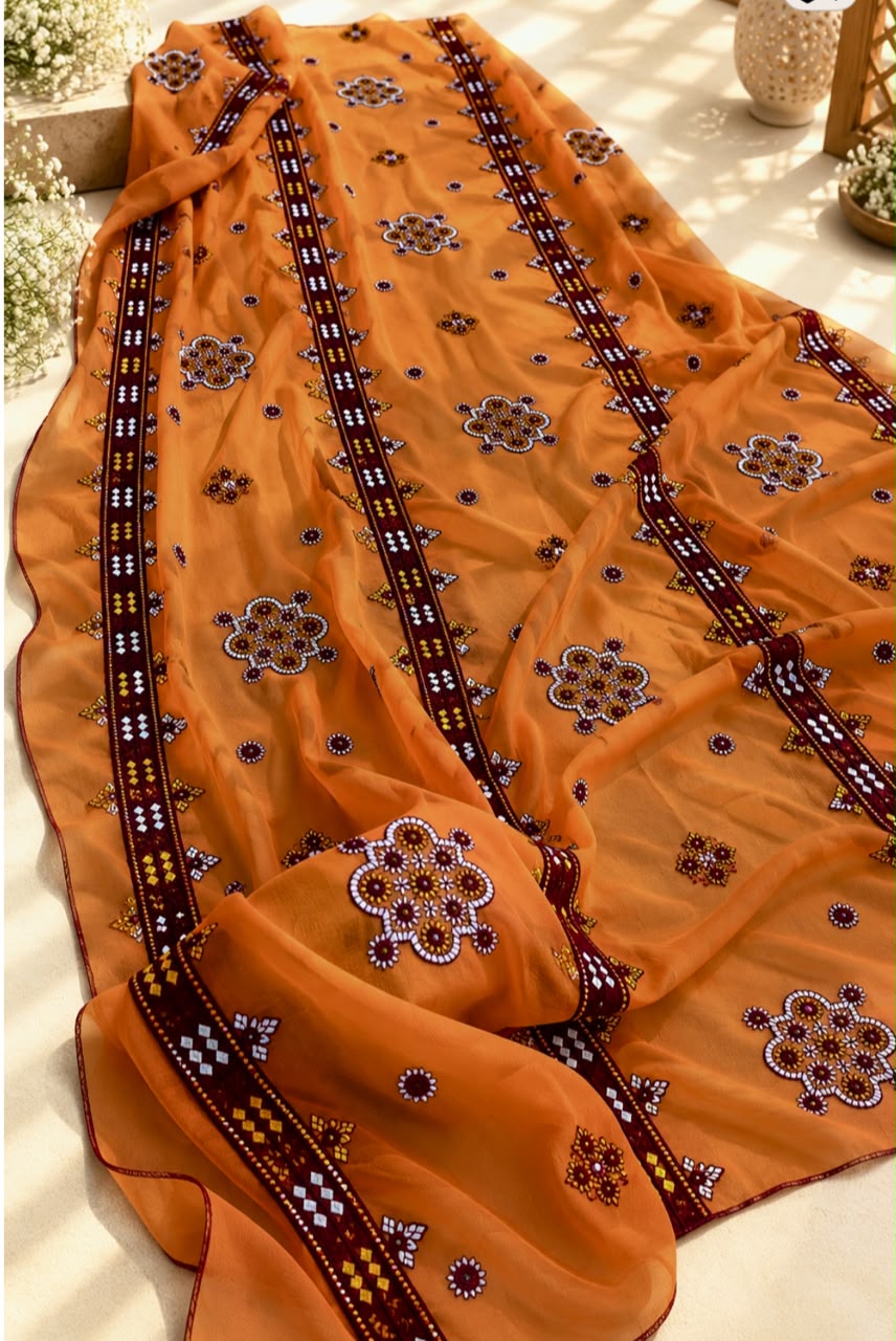 Crinkle Chiffon Balochi Four Panel Thick Thread Sitara Embroidery Chaddar