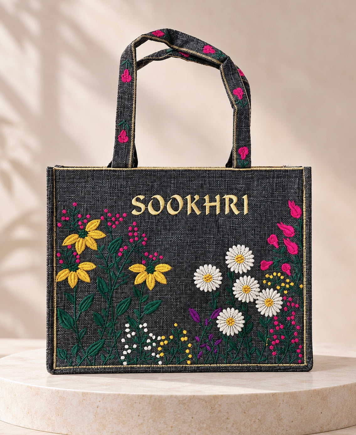 Jute Fabric Computer Flower Embroiderd Tote Bag – (14 Inches Length | 11 inches Width)