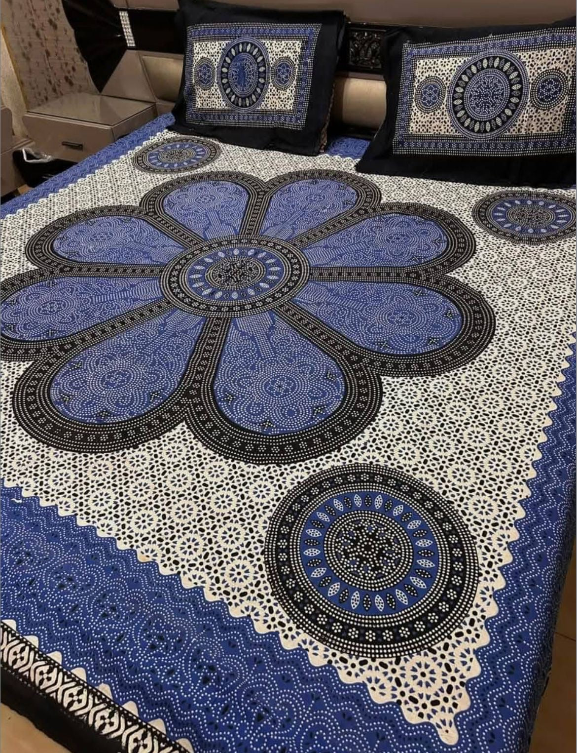 King Size Ajrak Block Hand Print Cotton Stuff Bedsheet Set with 2 Unstitched Pillow Covers