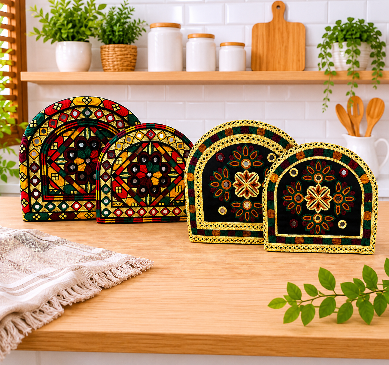 Traditional Multi Ari Embroidery Tea Cozy Covers – Set of 2