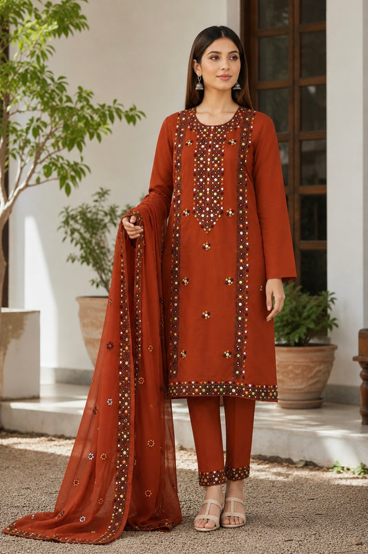 Balochi Multi Thick Thread & 9MM Sitara Heavy Embroidered Lawn Cotton Shirt & Trouser with Chiffon Dupatta | 3 Piece Unstitched Dress 👗