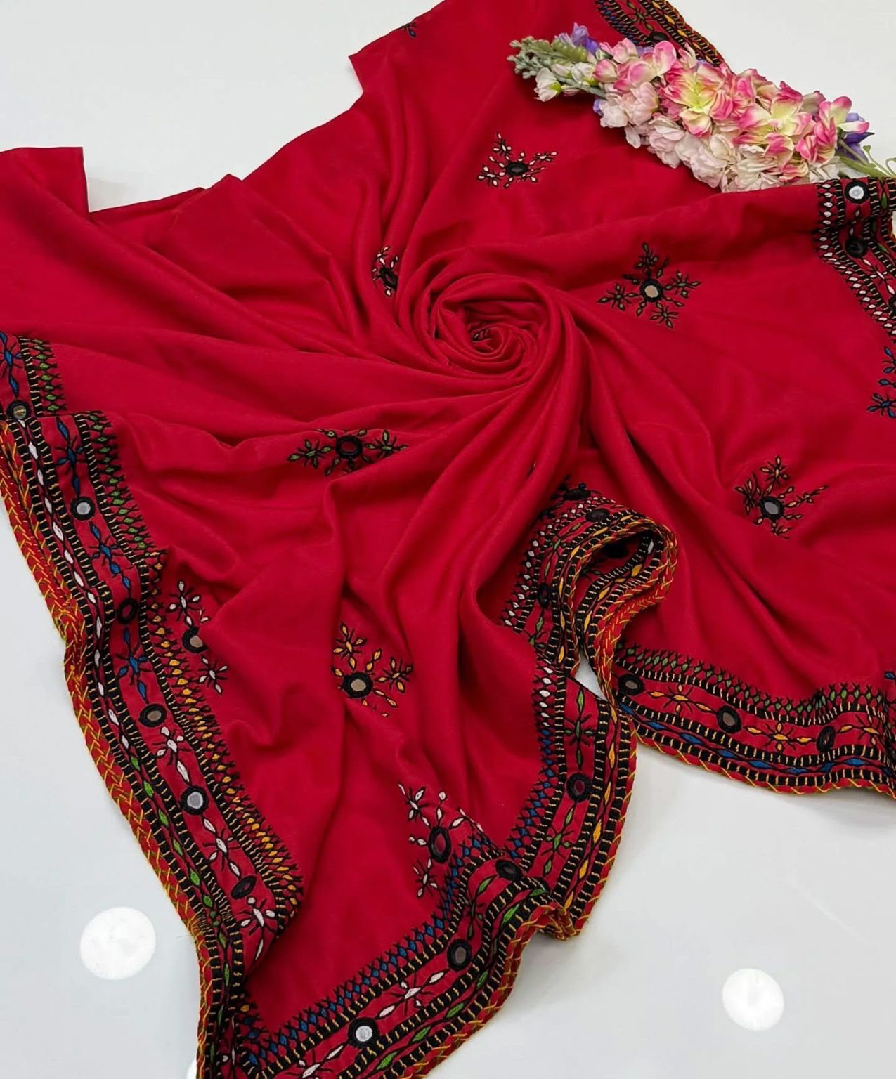 Balochi Handmade Four Border Chader | Traditional Embroidered Shawl | Swiss Voile