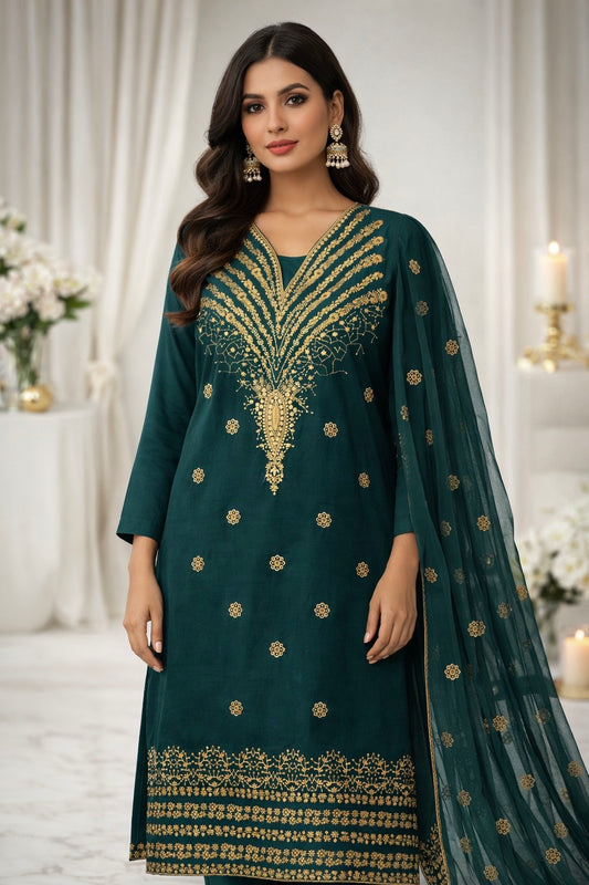 Fancy 3MM Zarri Sitara Work Soft Cotton Fabric with Chiffon Dupatta – 3PC Unstitch Dress 👗