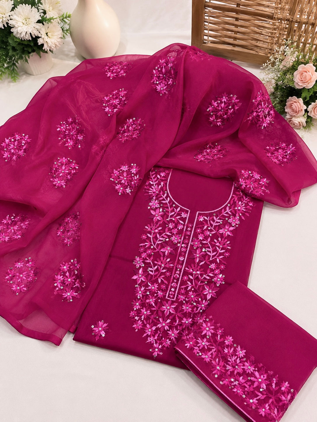3MM Sitara Two-Tone Thick Thread Machine Embroidered Soft Cotton with Chiffon Dupatta - 3PC Unstitch Dress 👗