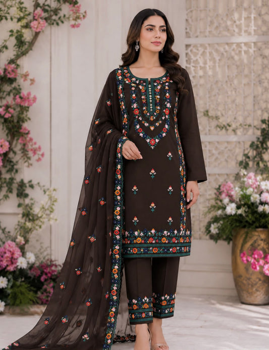 3MM Sequence Sitara Pakka Thread Multi Embroidered Soft Cotton Suit with Premium Chiffon Cutwork Dupatta – 3PC Unstitched Dress 👗