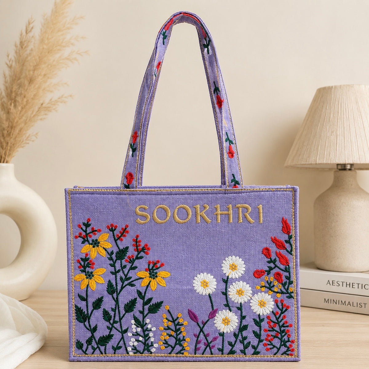 Floral Embroidered Jute Fabric Tote Bag – (14 Inches Length | 11 inches Width)