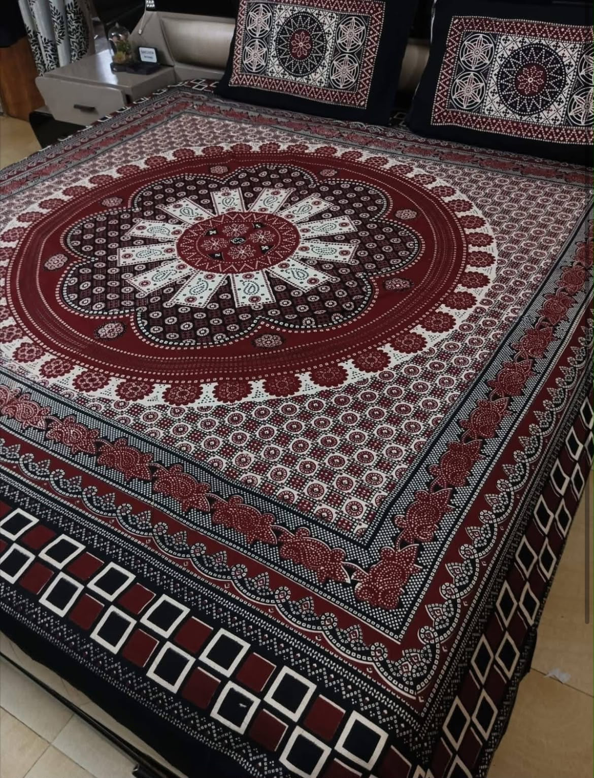 Ajrak Cotton King Size Block Print Bedsheet with 2 Unstitched Pillow Covers