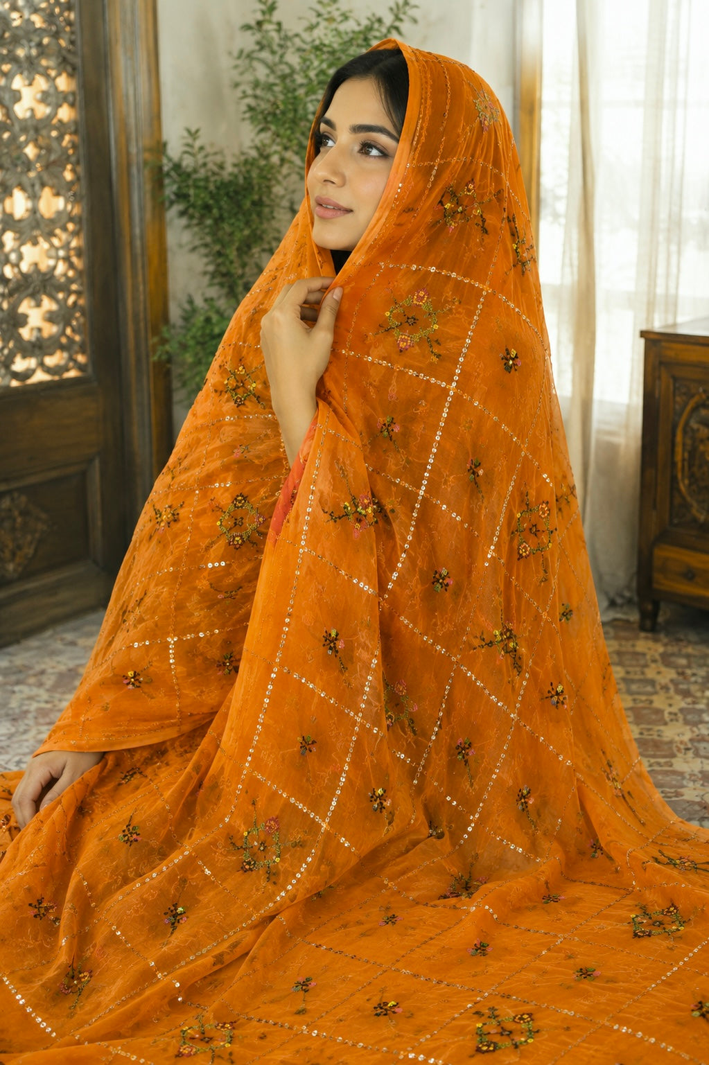 China Swiss Lawn Ladies Shawl with All Over Check Jaal Sequence Sitara Embroidery