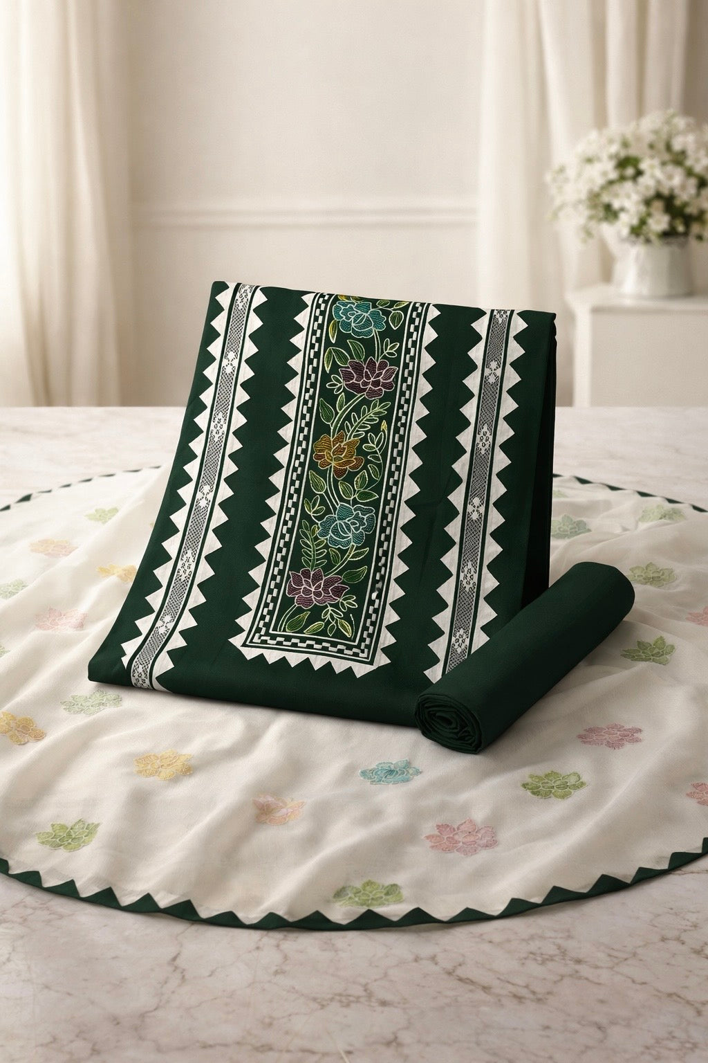 Embroidered 3-Piece Suit with White Applic Work | Soft Cotton Shirt & Trouser with Chiffon Dupatta