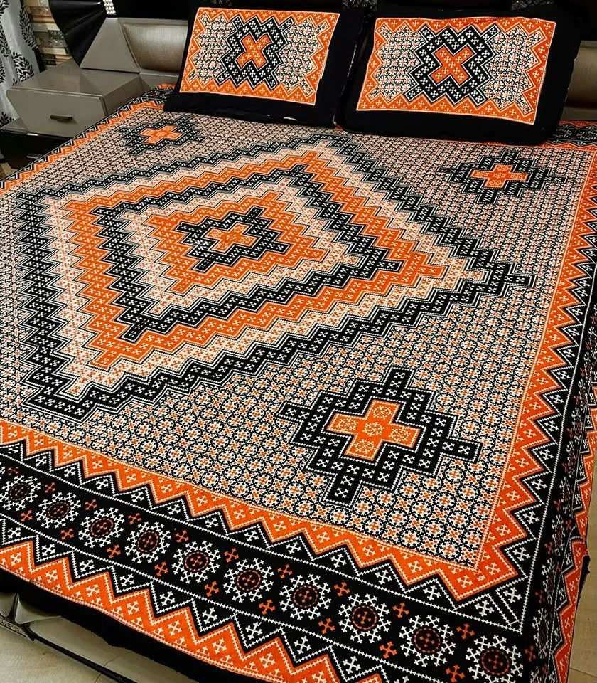 King Size Ajrak Block Hand Print Cotton Stuff Bedsheet Set with 2 Unstitched Pillow Covers