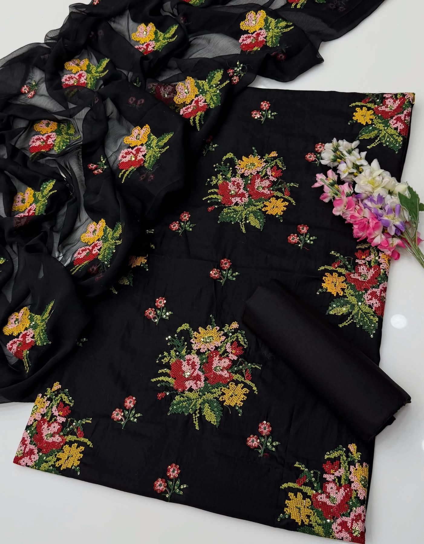 Cross Stitch 3MM Sequence Floral Embroidered Lawn Cotton Shirt & Trouser with Embroidered Chiffon Dupatta | 3 Piece Unstitched Dress