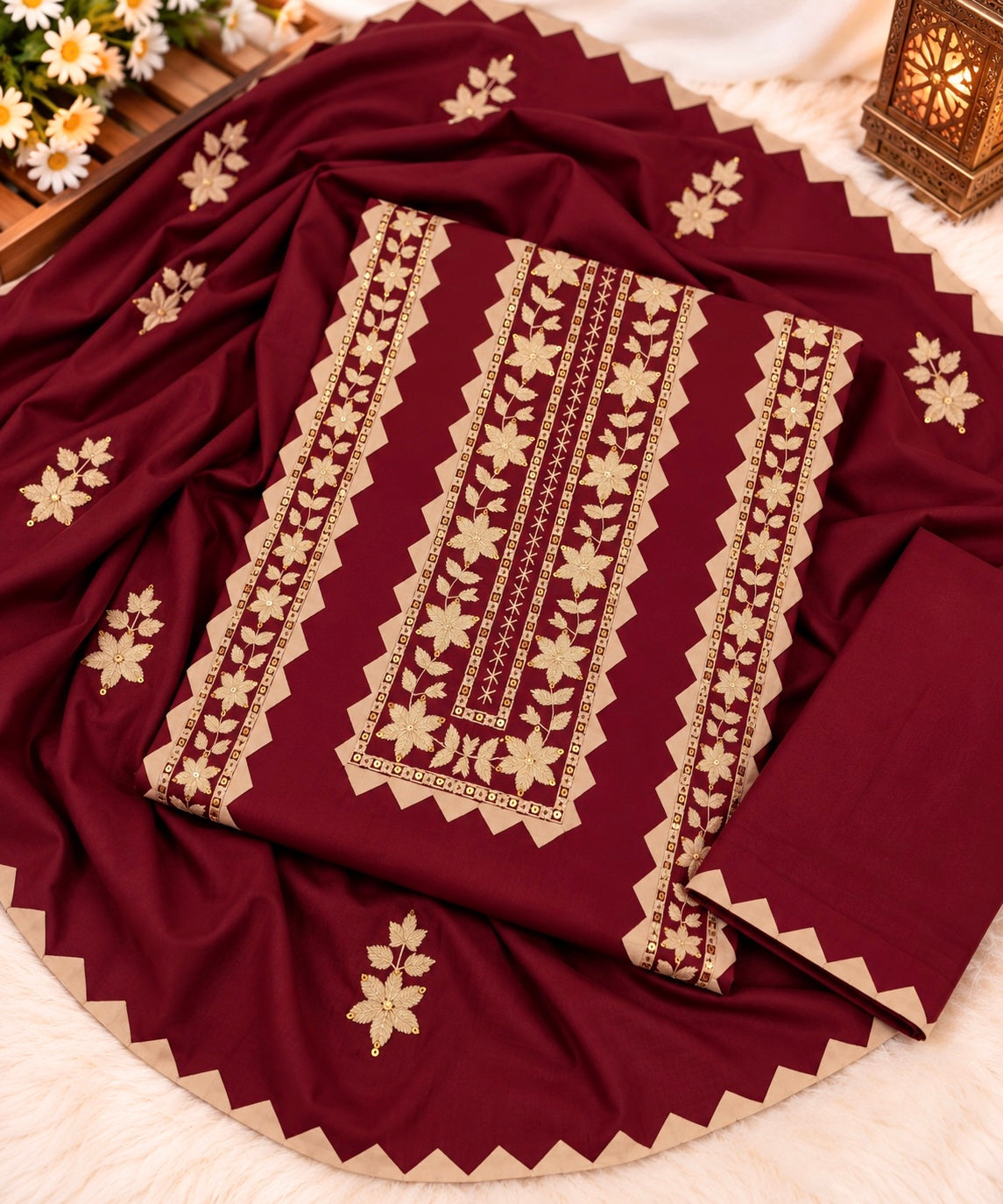 Applic Handwork & Machine Floral Embroidery Soft Cotton Shirt, Trouser with Embroidered Soft Cotton Dupatta | 3PC Unstitched Dress