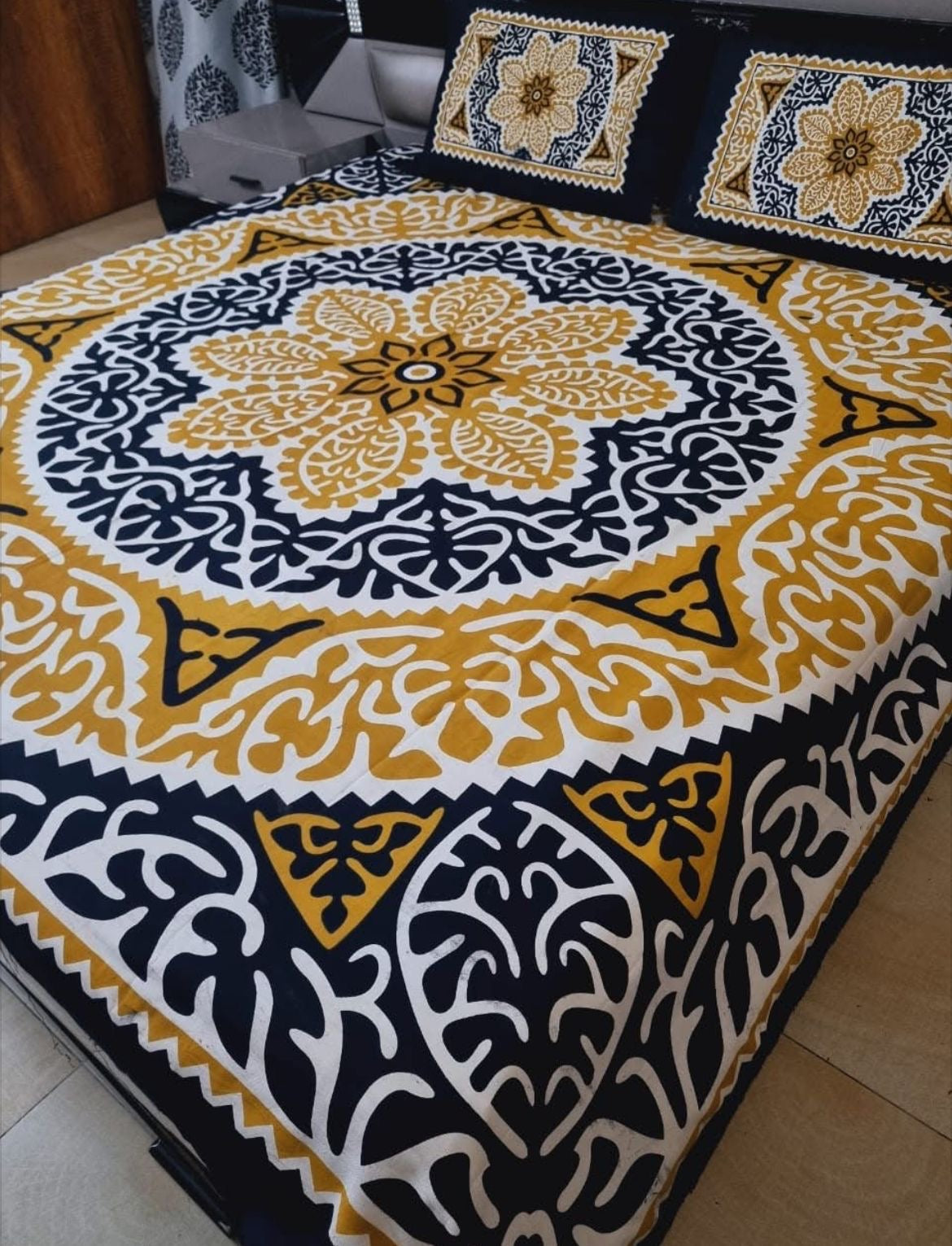 King Size Ajrak Block Hand Print Cotton Stuff Bedsheet Set with 2 Unstitched Pillow Covers