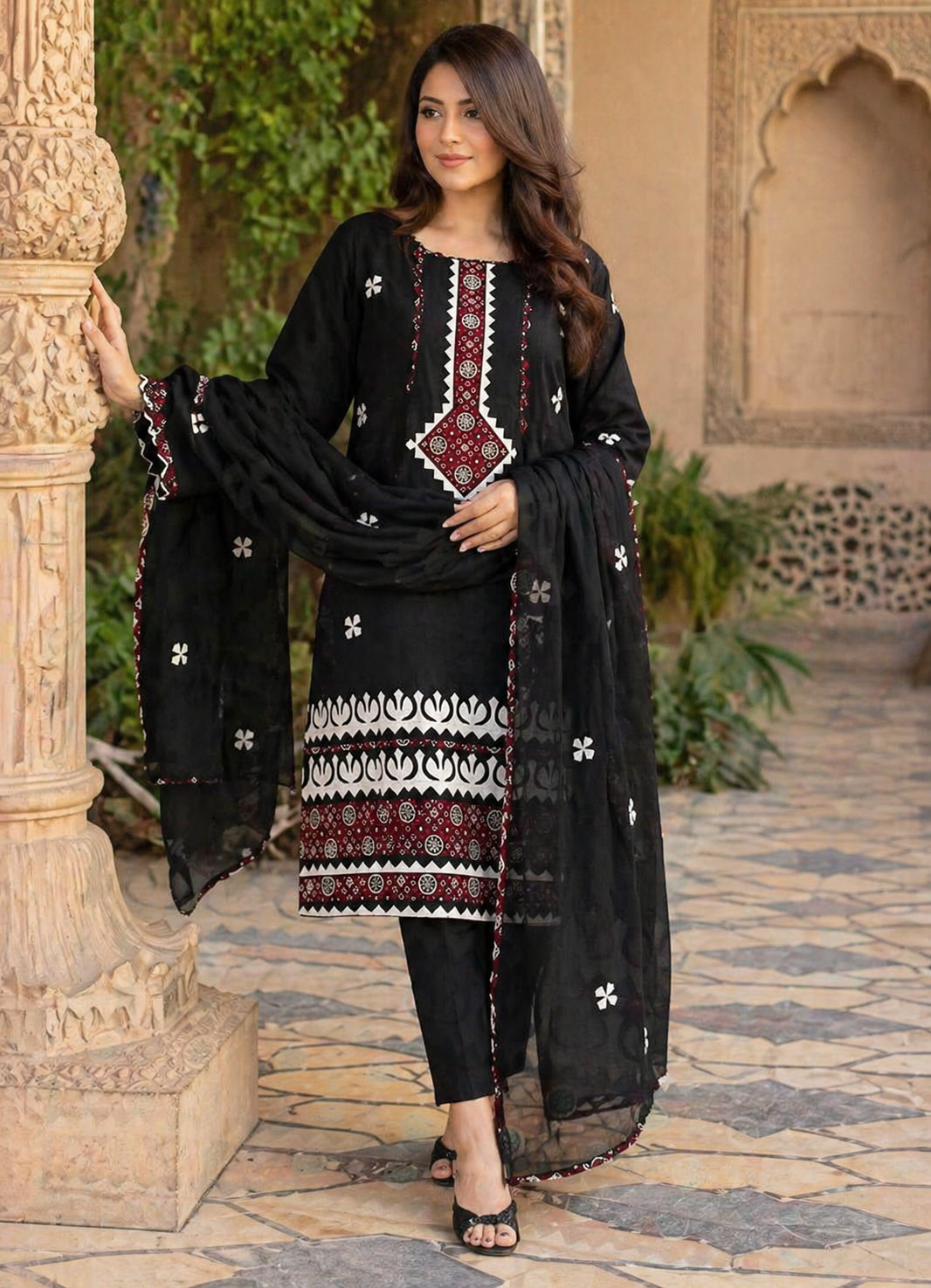 Ajrak Applic Handmade Lawn Cotton with Chiffon Dupatta – 3PC Unstitched Dress 👗