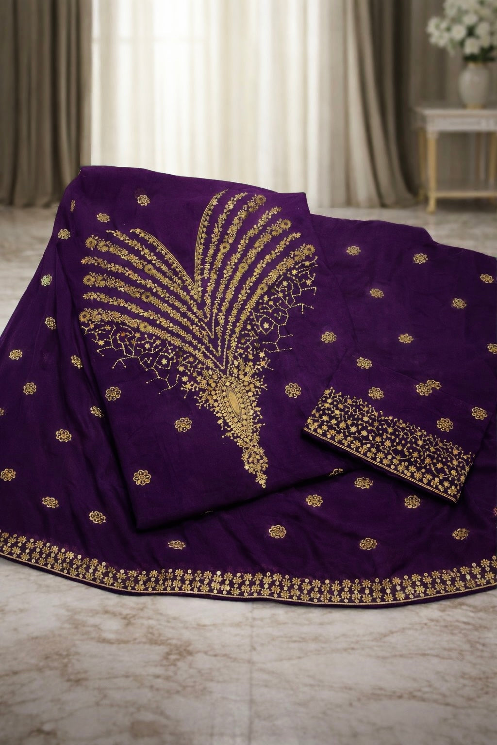 Fancy 3MM Zarri Sitara Work Soft Cotton Fabric with Chiffon Dupatta – 3PC Unstitch Dress 👗