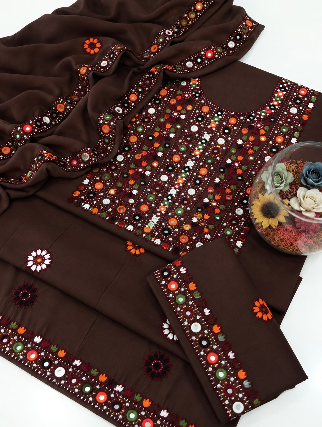 Balochi Multi Thick Thread 9MM Sitara Heavy Embroidered Soft Cotton with Chiffon Dupatta – 3PC Unstitched Dress