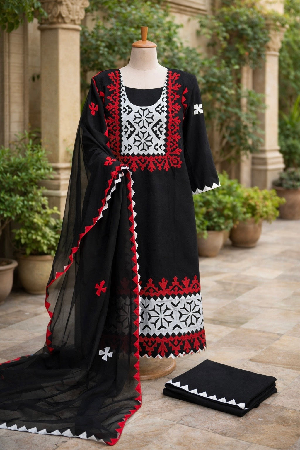 Pure Handmade Applique Work Unstitched 3 Piece Dress