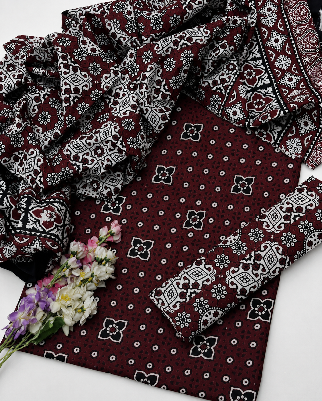 Hand Block Print Ajrak Cotton Unstitched 3-Piece Suit | All-Season Wear