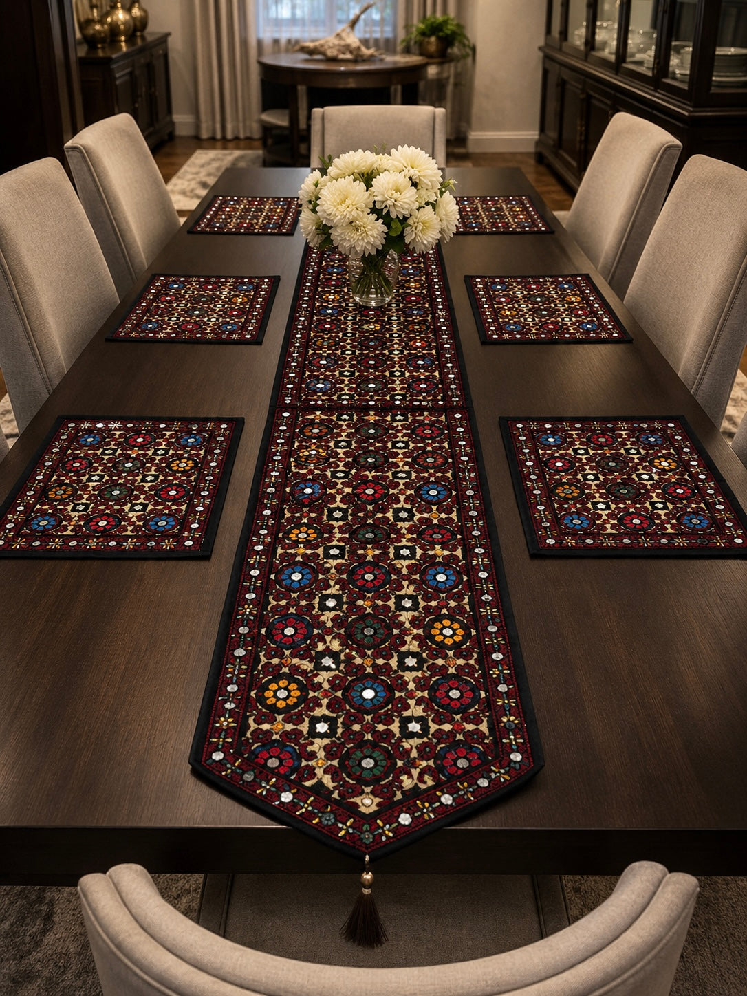 Dinning Table Embroidered Mats With Long Runner 7pc Set