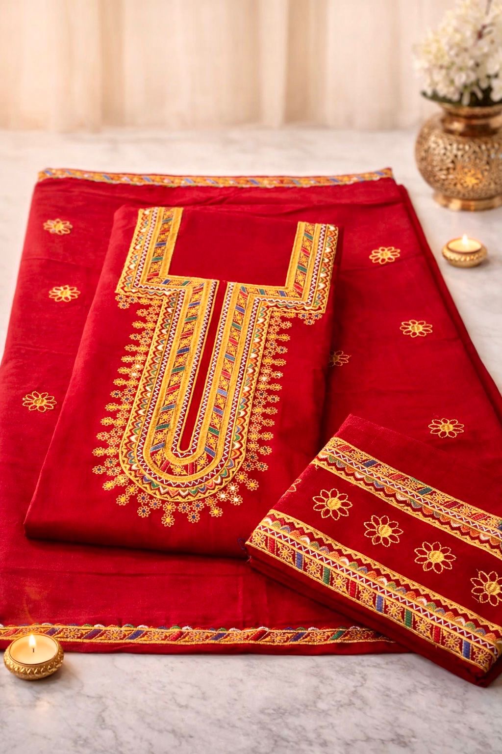 Soft Cotton Zari Work Embroidered 3-Piece Suit – Shirt, Trouser & Dupatta