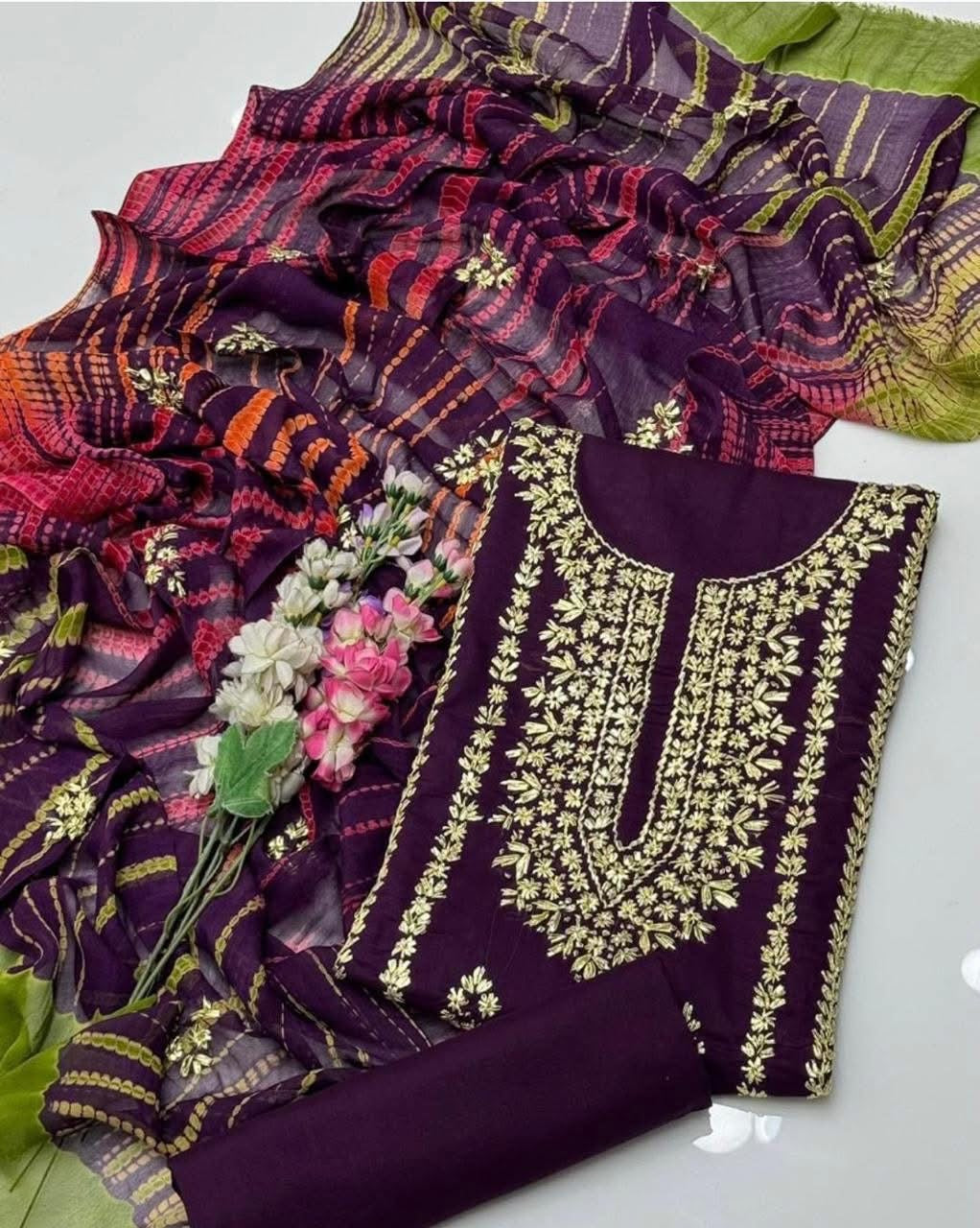Premium Lawn Fabric Golden Gotta Handmade 3 Piece Unstitched Dress with Tie & Dye Chiffon Dupatta