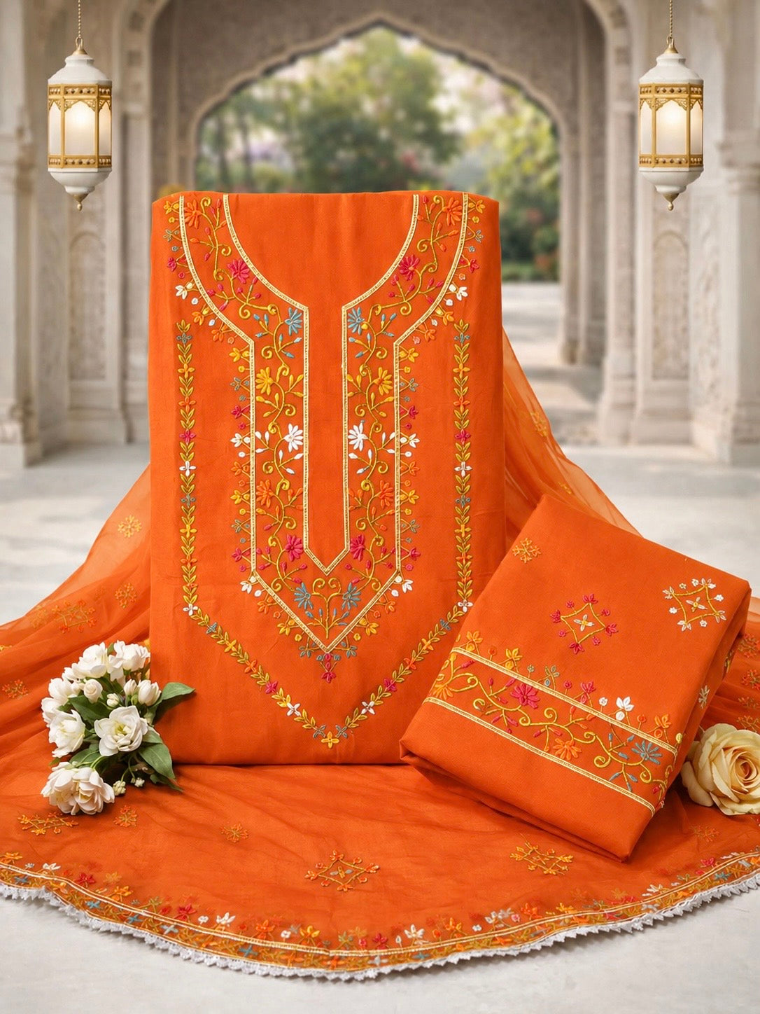 Elegant Multicolor Embroidered Lawn Cotton with Chiffon Dupatta Traditional Design - Unstitch 3PC Dress 👗