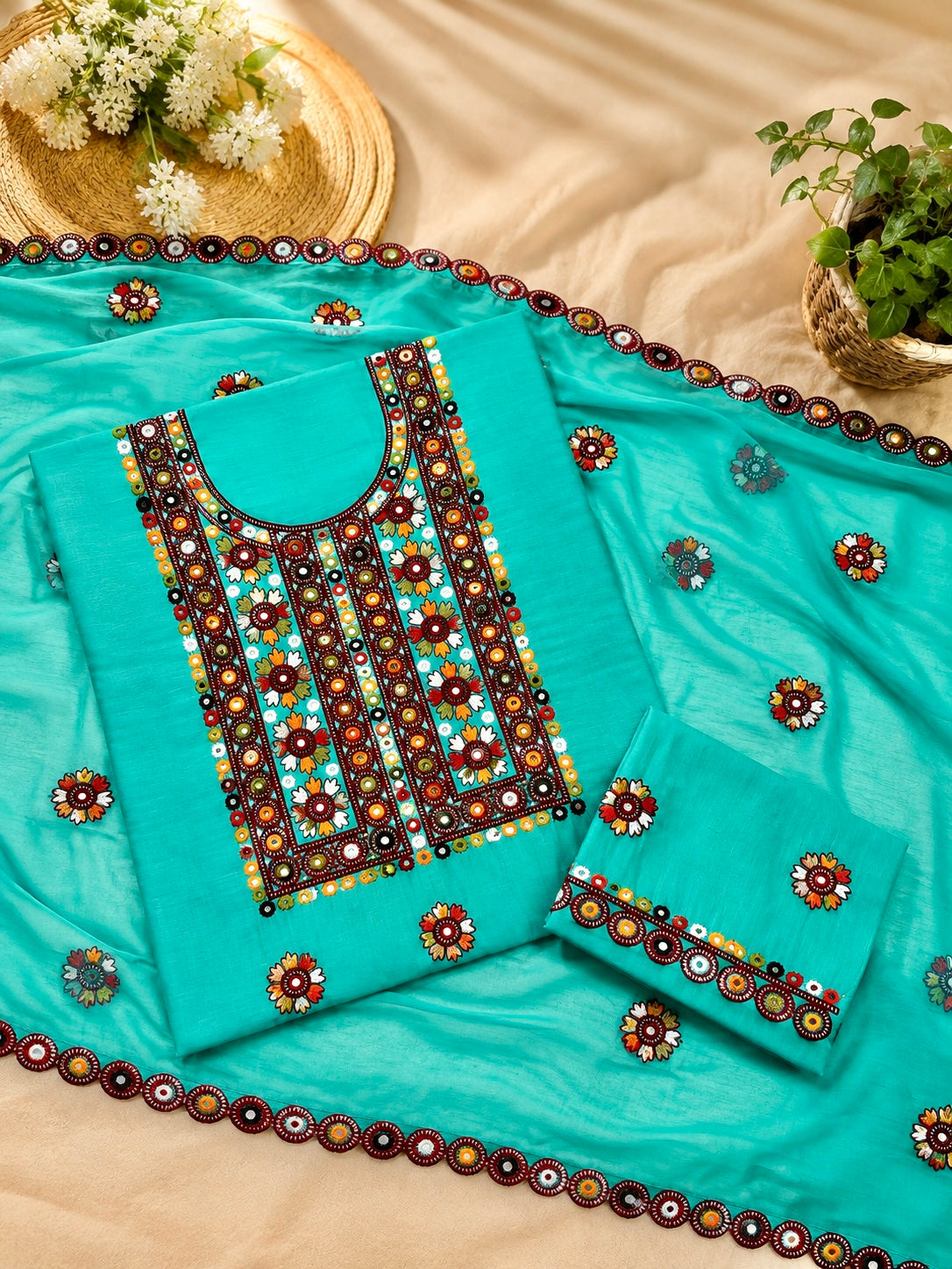Multi Balochi Thick Thread Sitara Embroidered Soft Cotton with Cutwork Border Chiffon Dupatta - 3PC Unstitched Dress 👗
