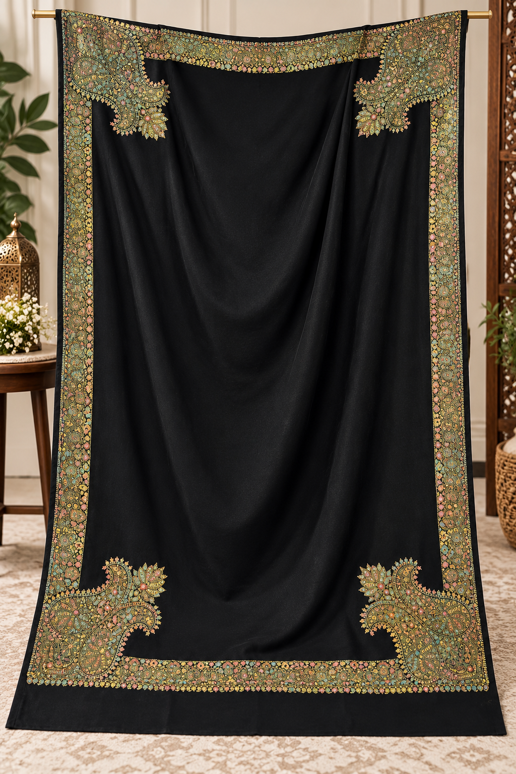 Original Pashmina Handmade Kachna Tanka Embroidery with Four Side Border - Shawl
