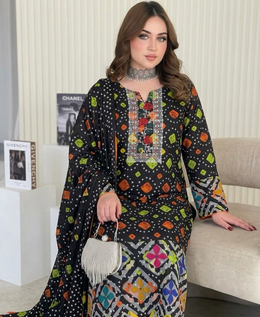 Lawn Chunri Print Cross Stitch Floral Embroidered Neck with Net Multi Applique Handwork Daman - 3PC Unstitch Dress 👗