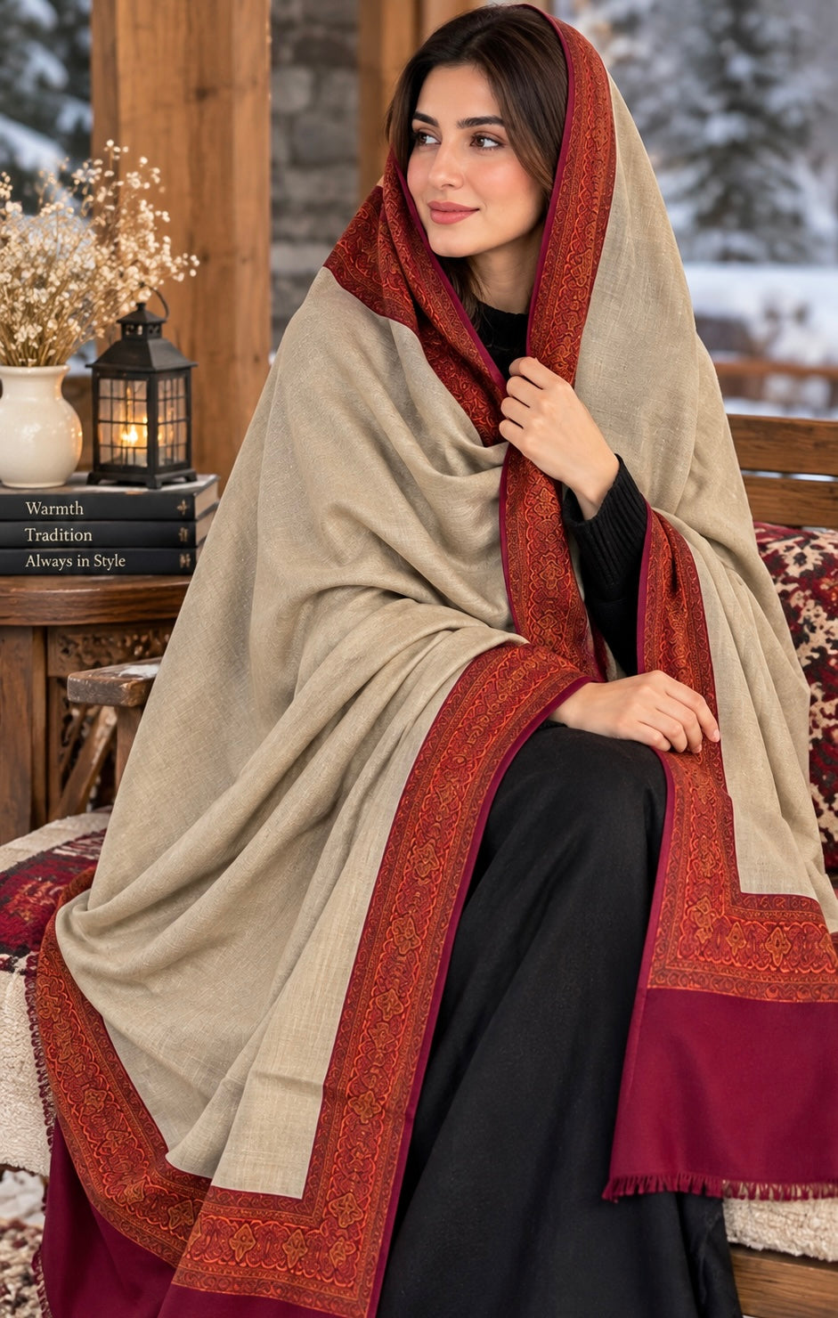 Original Pashmina Four Border Shawl for Winter – Traditional Printed Design (Large Size)