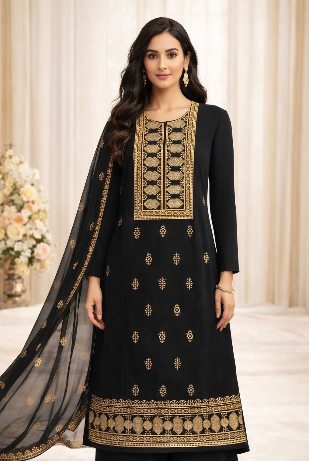 Elegant Black & Gold Sequin Embroidered Soft Cotton 3PC Dress