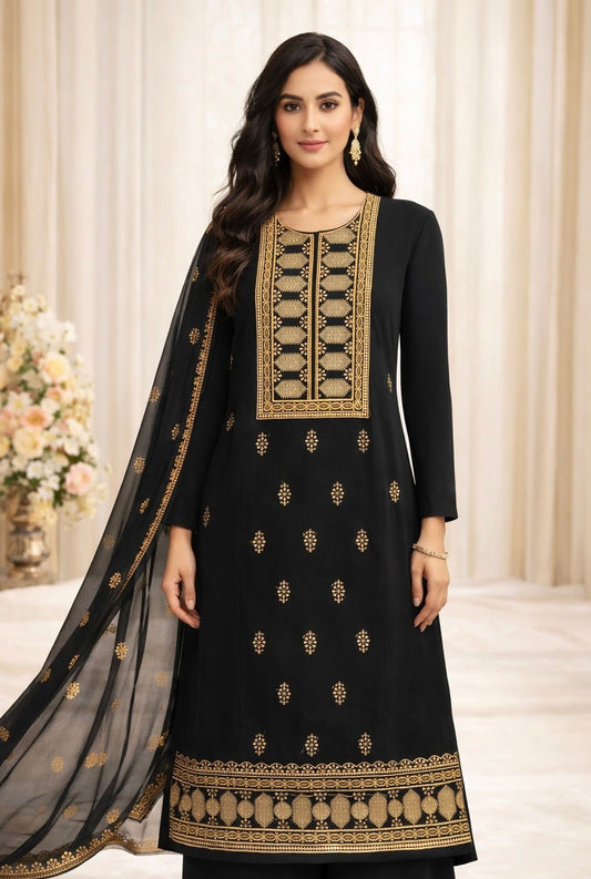 Elegant Black & Gold Sequin Embroidered Soft Cotton 3PC Dress
