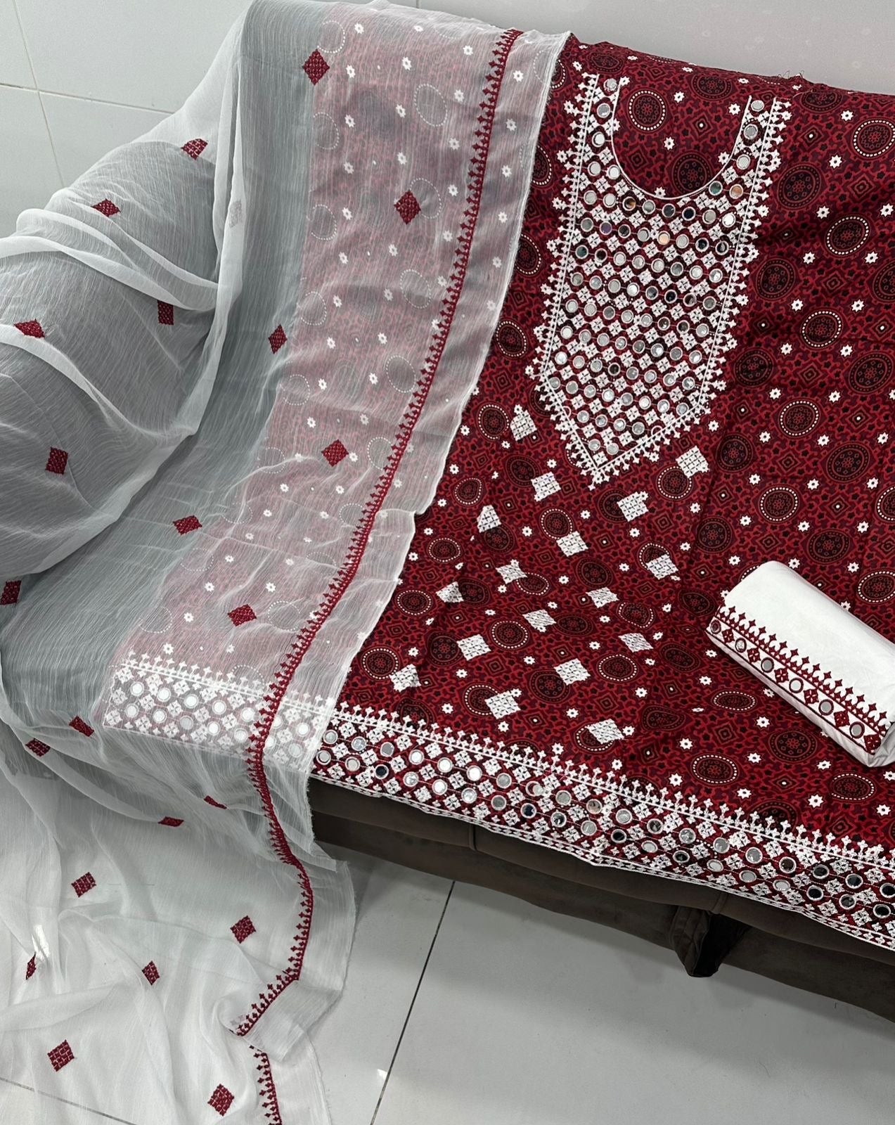 Ajrak Original Mirror Work Machine Embroiderd 3pc Dress 👗