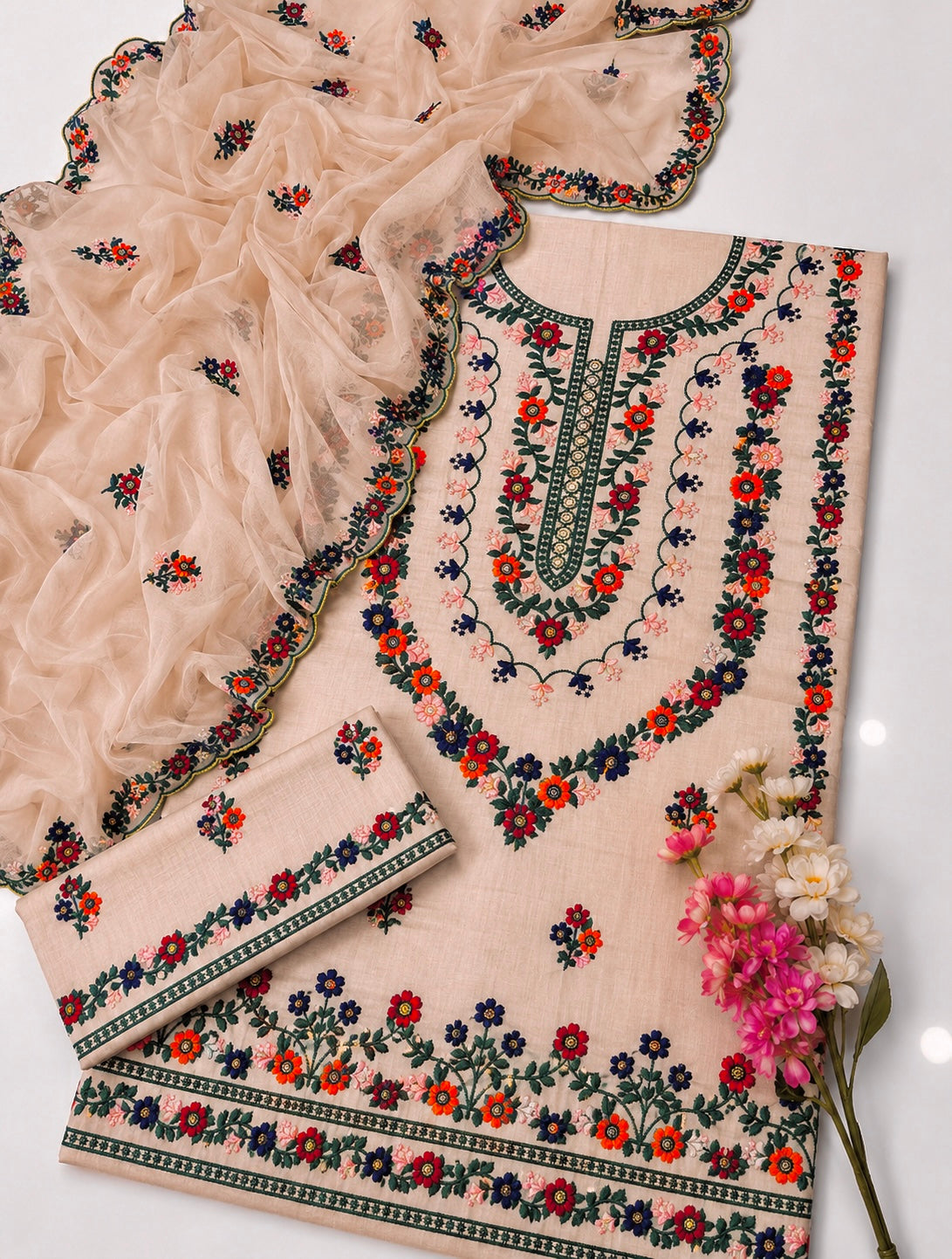3MM Sequence Sitara Pakka Thread Multi Embroidered Lawn Cotton Suit with Premium Chiffon Cutwork Dupatta – 3PC Unstitched Dress 👗
