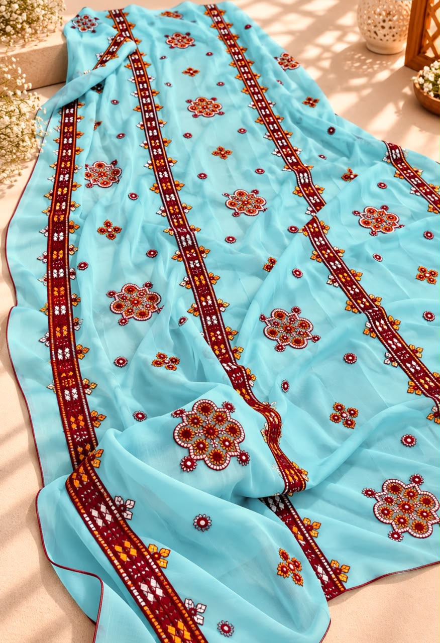 Crinkle Chiffon Balochi Four Panel Thick Thread Sitara Embroidery Chaddar
