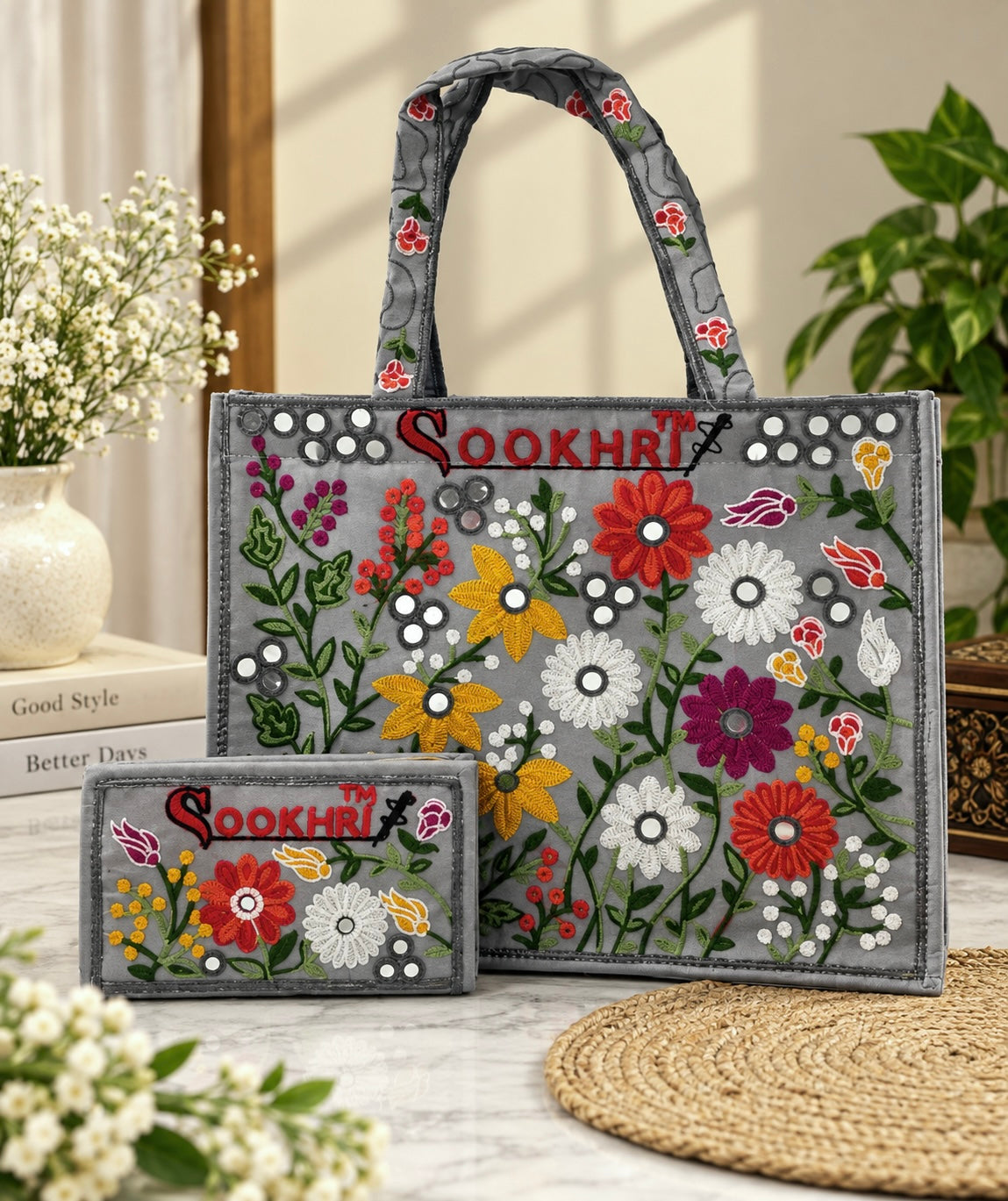 Traditional Multi-Pattern Antique Embroidered Handbag with Matching Clutch