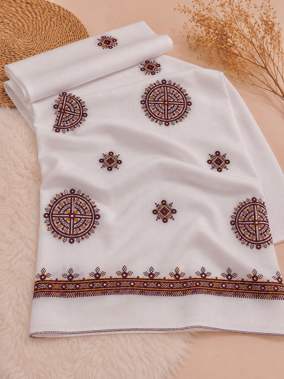 Balochi Thick Thread Sitara Bunches Embroidery Work Chader | Swiss Lawn Fabric