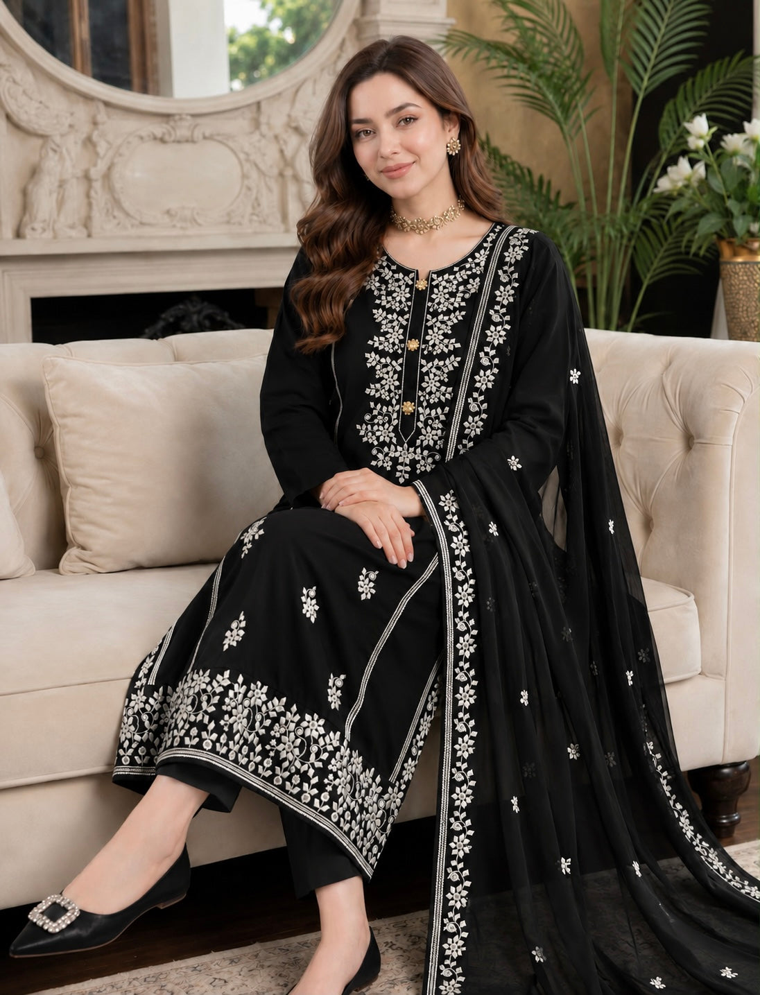 Applic Patti Style Sitara Embroidered Soft Cotton Shirt & Trouser with Chiffon Embroidered Dupatta - 3PC Unstitch Dress 👗