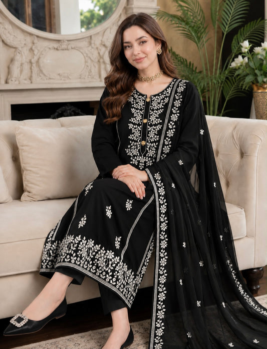 Applic Patti Style Sitara Embroidered Soft Cotton Shirt & Trouser with Chiffon Embroidered Dupatta - 3PC Unstitch Dress 👗