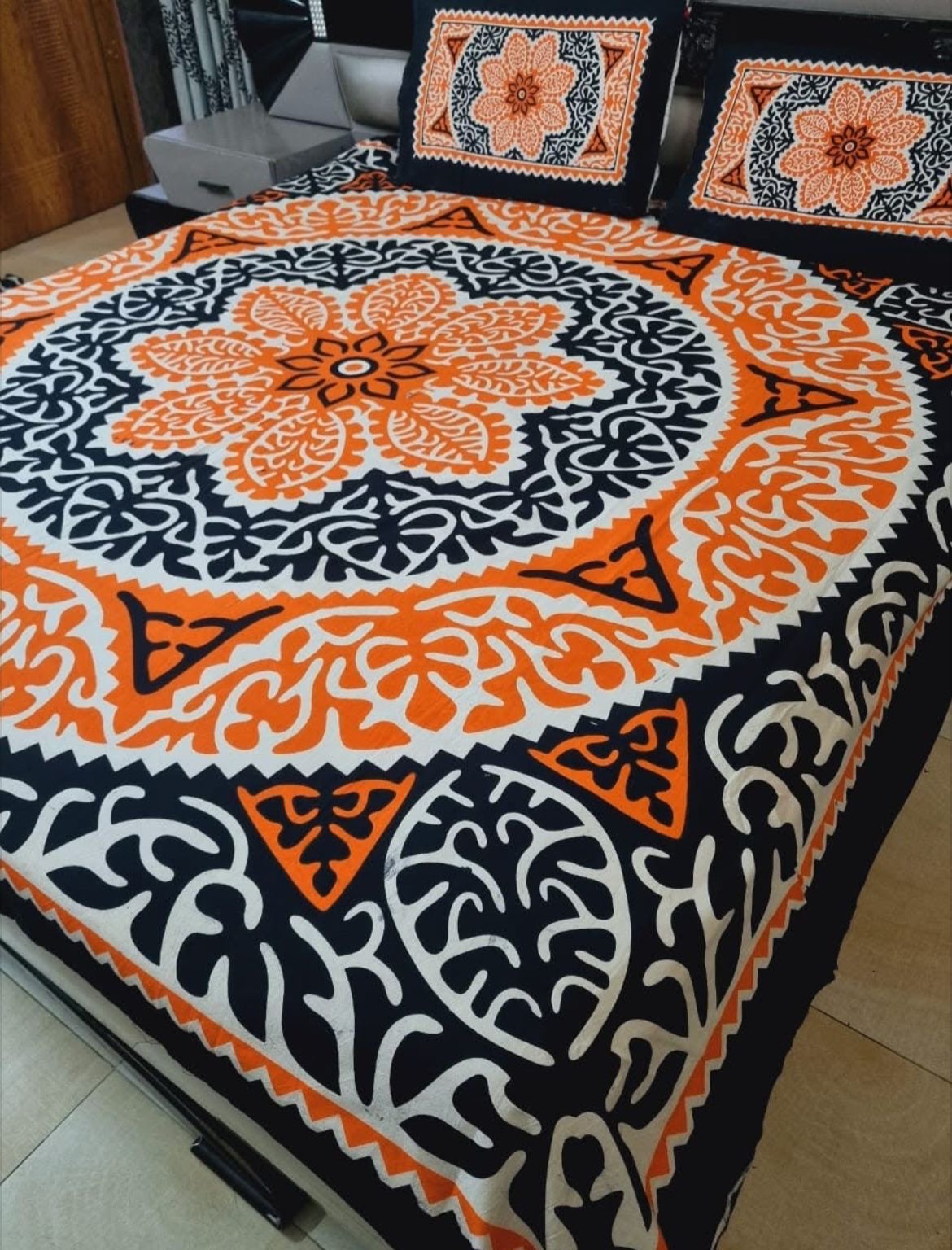 King Size Ajrak Block Hand Print Cotton Stuff Bedsheet Set with 2 Unstitched Pillow Covers