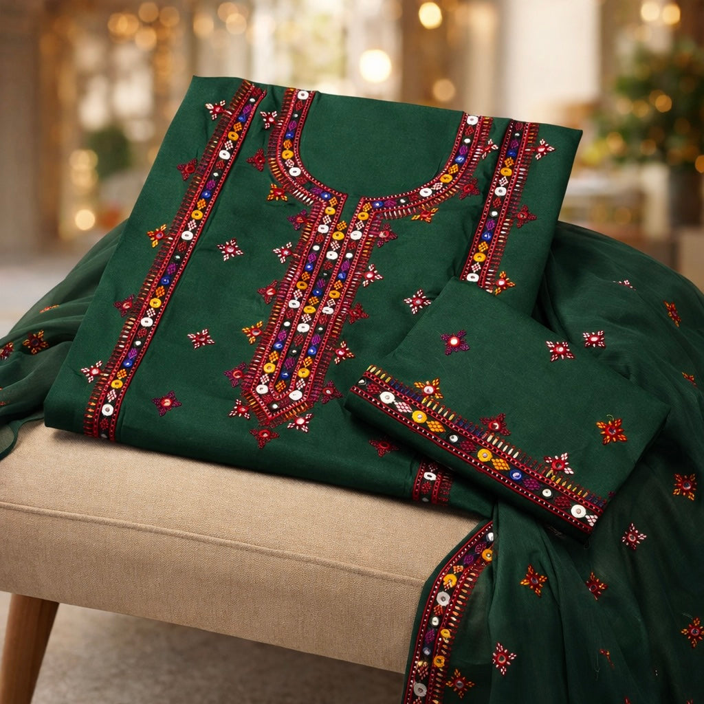 Balochi Gala Bail Daman 9MM Sitara Thick Thread Embroidered Lawn Cotton with Chiffon Dupatta - 3PC Unstitch Dress 👗