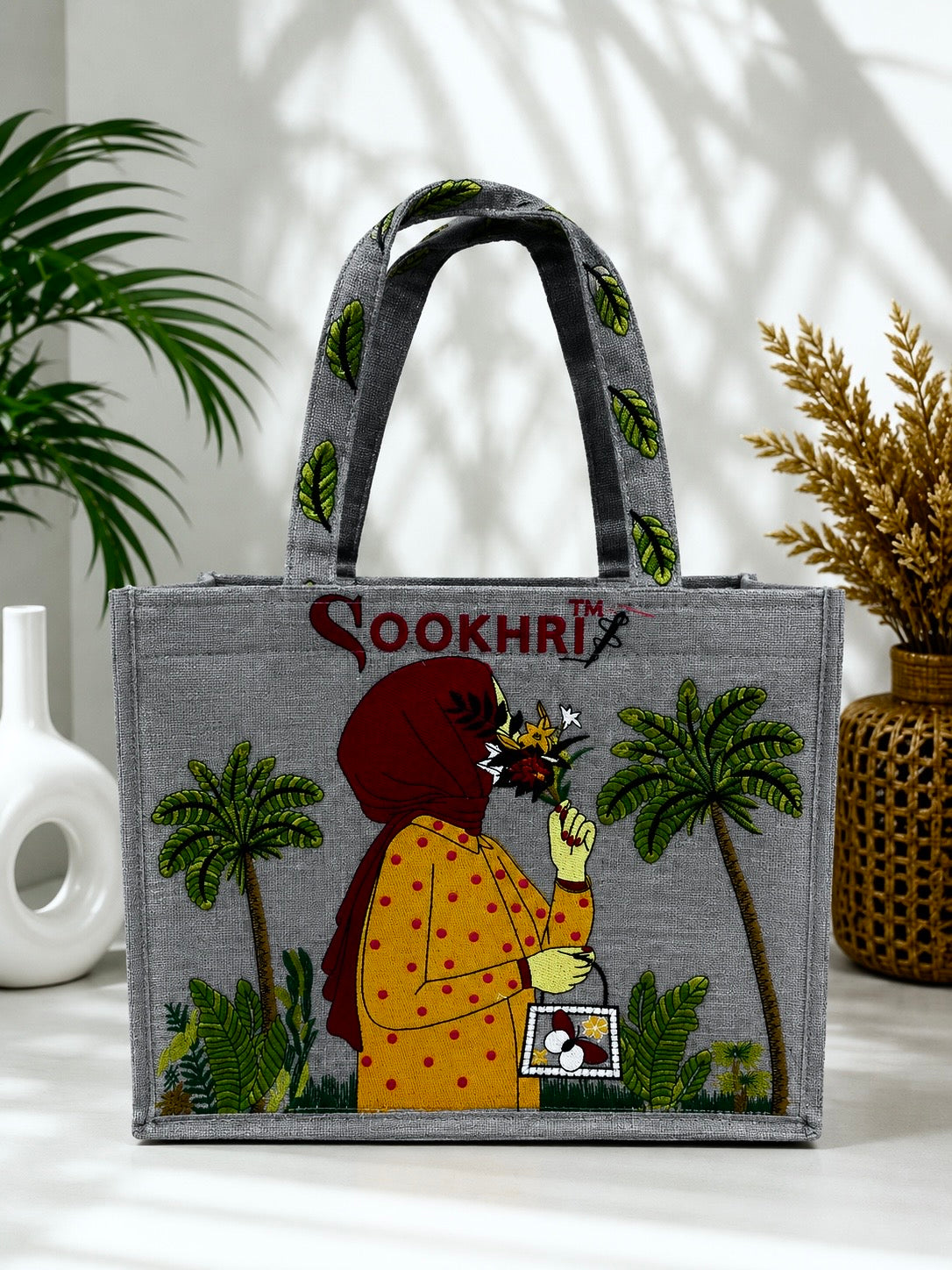 Sookhri Handcrafted Embroidered Jute Tote Bag for Women | Eco-Friendly Shopping & Everyday Handbag (15 Inches Length | 11.5 Inches Width)