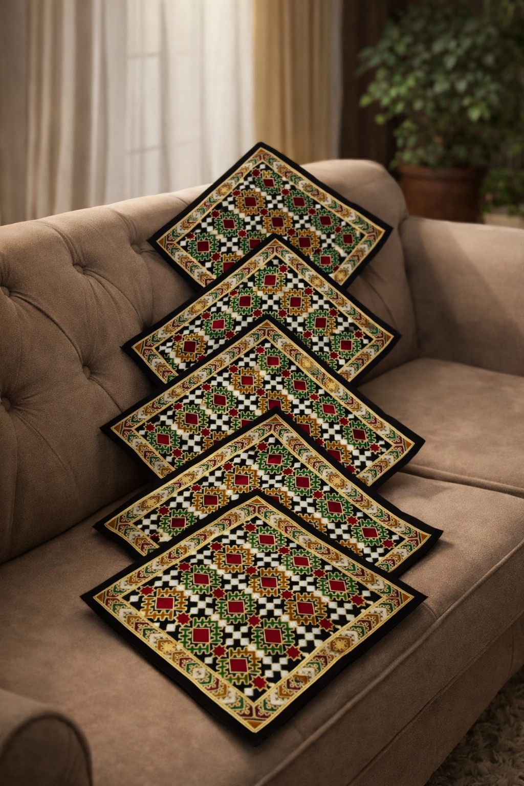 Traditional Embroidered Cushion Cover Set (5 Pieces) – 16x16 Inches