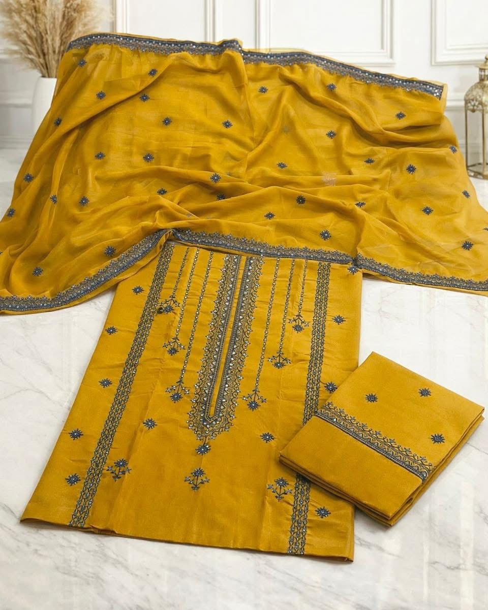 3MM Sequence Sitara Gala with Panel Daman Embroidered Lawn Cotton with Chiffon Dupatta - 3PC Unstitch Dress 👗