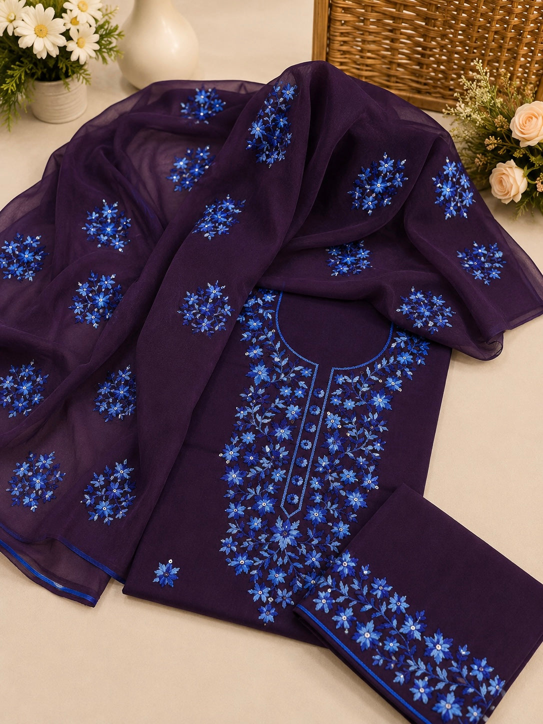 3MM Sitara Two-Tone Thick Thread Machine Embroidered Soft Cotton with Chiffon Dupatta - 3PC Unstitch Dress 👗