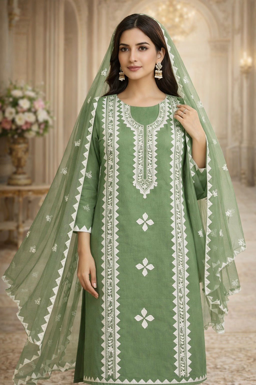 Applique Handmade Thick Thread 3mm Sequence Sitara Embroidery Lawn Cotton with Chiffon Dupatta - 3PC Unstitch Dress 👗