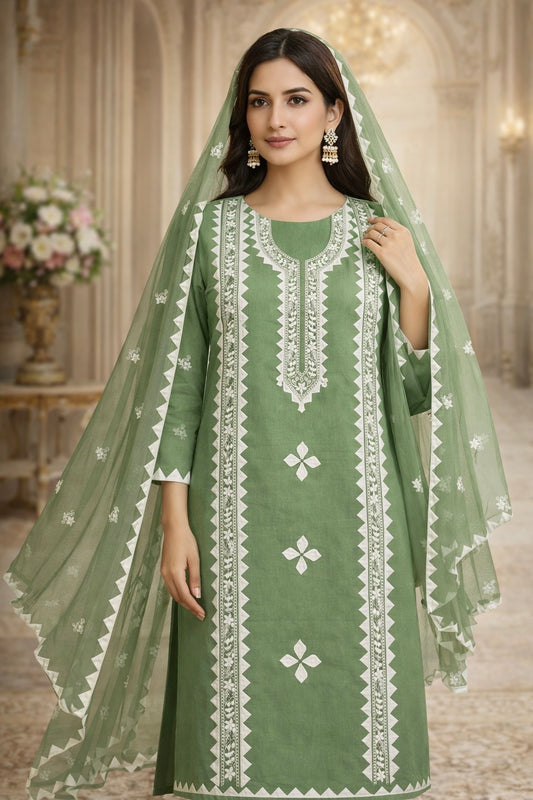 Applique Handmade Thick Thread 3mm Sequence Sitara Embroidery Lawn Cotton with Chiffon Dupatta - 3PC Unstitch Dress 👗